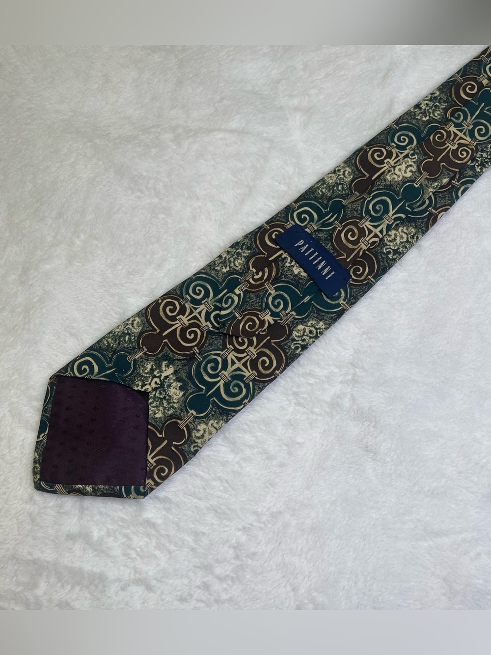 PATTINI Mens Vintage Silk Necktie Extra Long Geometric Swirl Teal Brown XL